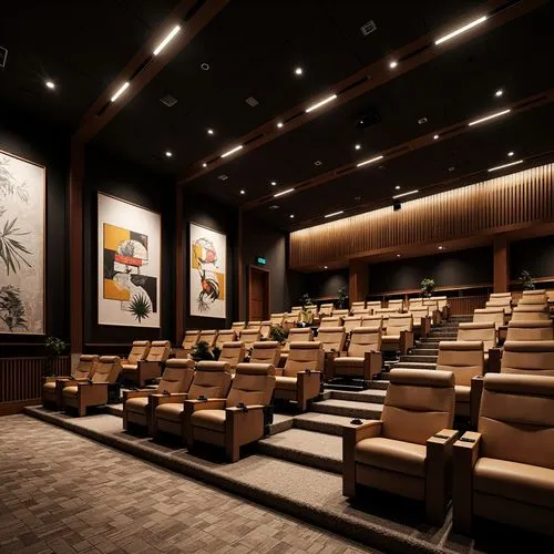 Contemporary theater interior, innovative seating arrangement, curved rows, reclining chairs, adjustable armrests, premium leather upholstery, metallic accents, minimalist decor, LED floor lighting, d
