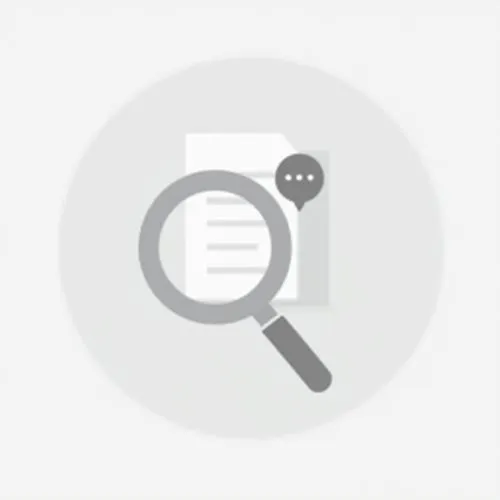 Minimalist flat vector illustration in soft grayscale tones. A light gray circular background with subtle gradient transitions for depth. A single, cleanly designed 'Under Review' symbol, such as a ma
