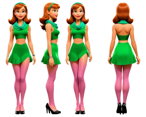 Create only high resolution, pixar 3d, realistic, 4k, character sheet style, like a paper doll, A pose style. Show the front and back view, side by side. Create the Daphne Blake of the animated series