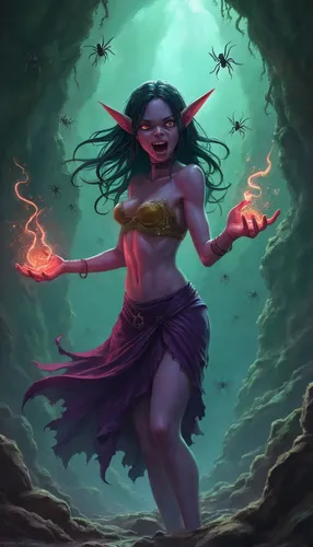 a woman dressed as elf with fire coming out of her ,yavana,liliana,inara,demoness,fae,the enchantress,sorceress,merfolk,nissa,evil fairy,necromancer,kupala,underdark,fimbriae,uma,aradia,lilith,sorcere