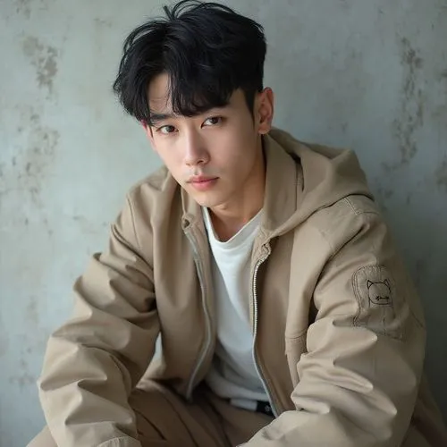 Outfit :Korean stily,the young boy poses in his brown jacket,visual,portrait background,handsome model,ten,boy model,male model