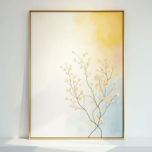delicate elegant painting on white wall,pastel colors and gold and yellow and blue, simple slim gold frame, frontview, vertical,lineart,abstract branches
,a large picture with some yellow flowers on i