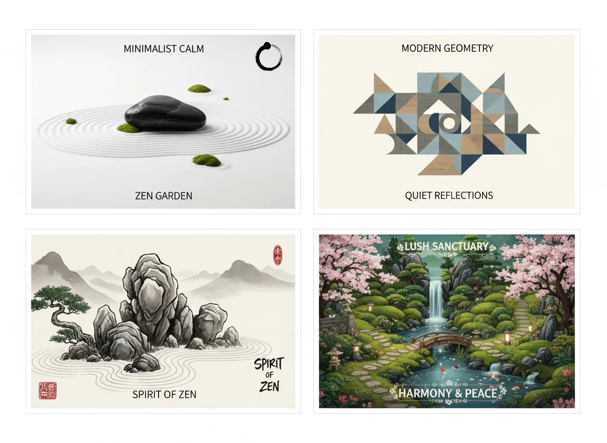 चार अलग-अलग ज़ेन गार्डन पोस्टर डिज़ाइनों का एक ग्रिड, जो मिनिमलिस्ट से लेकर जटिल शैलियों में भिन्नता दिखाता है।