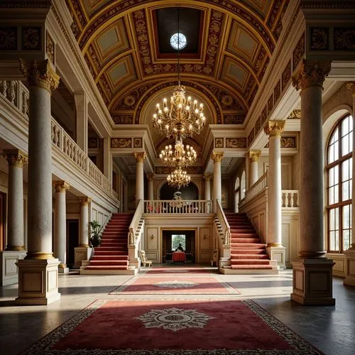 Ornate column capitals, intricately carved marble, gilded details, grandiose archways, ornamental frescoes, lavish chandeliers, richly patterned rugs, opulent velvet drapes, majestic staircases, sweep