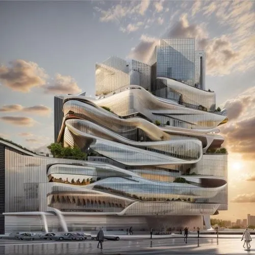 a building with many wavy designs on the roof,futuristic architecture,futuristic art museum,modern architecture,sky space concept,the energy tower,renaissance tower