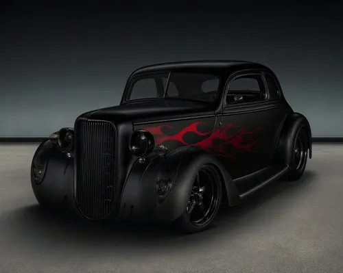 an old car with red flame paint and black wheels,black beetle,street rod,rat rod,cartoon car,muscle car cartoon,ford cologne,jalopy,the beetle,mobster car,ford truck,ford car,little car,toy car,beetle