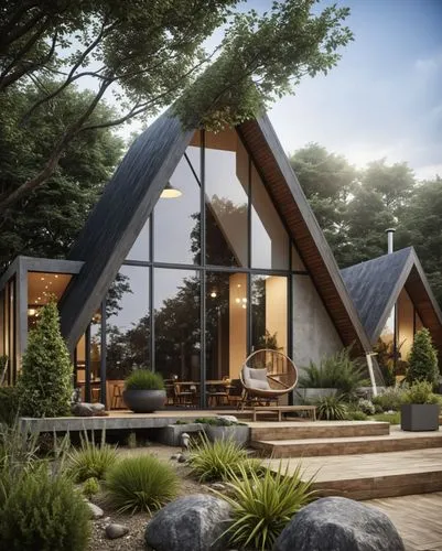 Architecture Design,the outside of a building with several windows,3d rendering,mid century house,electrohome,small cabin,timber house,folding roof,Photography,General,Realistic