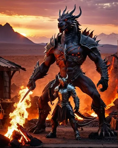 A dracthyr-style dragon from world of warcraft, a blacksmithing professional. He displays his blacksmith's smithy next to his forge, with the sun setting in the background, in a post-apocalyptic setti