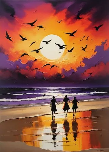 Painted with a brush, for hours at dusk in front of a beach, birds dancing by in perfect dance. You are attracted by the storm and the sand. Abstract Expressionism. Mixed media. Crazy sunset. ,three p