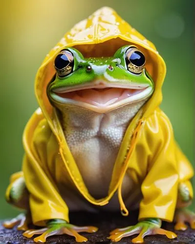 Ultra Macro photography of an adorable smiling frog, wearing a yellow raincoat, intricately detailed, bokeh background, Alan Shapiro and Jamie Price, macro photography,green frog,frog figure,pacific t