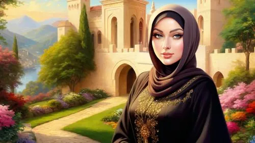 Romantic masterpiece oil painting, beautiful girl portrait, abaya dress, nostalgic 1950's style kitsch, breathtaking beautiful epic vast landscape, highly detailed, high res, absurdres, by Thomas Kink