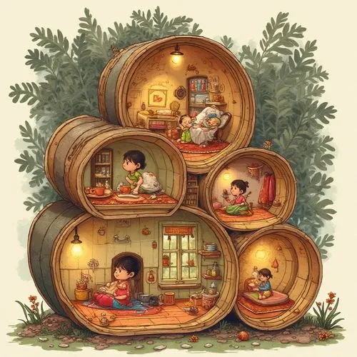 Cozy cut-section of a whimsical Indian home inspired by a tiffin box — round rooms stacked like compartments, each showing daily life scenes: a woman making chai, kids playing, laundry drying on the b