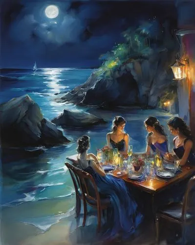 the midnight cove club,a couple dining with a night view overlooking the ocean,romantic dinner,beach restaurant,romantic night,candle light dinner,fine dining restaurant,romantic scene,Illustration,Pa