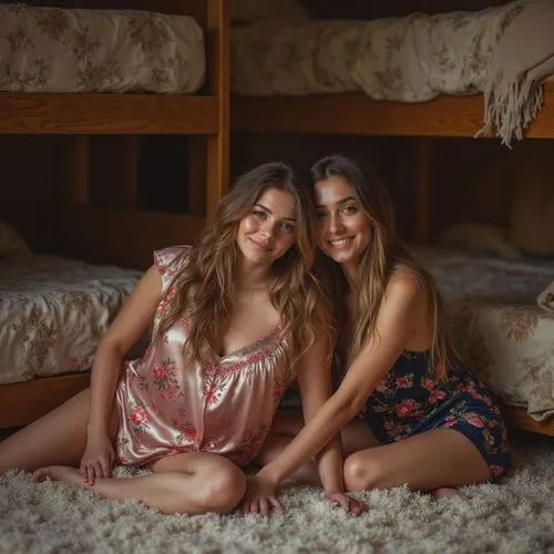 two beautiful sorority girls, one of European Descent, the other of  Middle Eastern descent, both wearing their colorful night silk sleep wear, one girl is straddling the other girl that is lying down