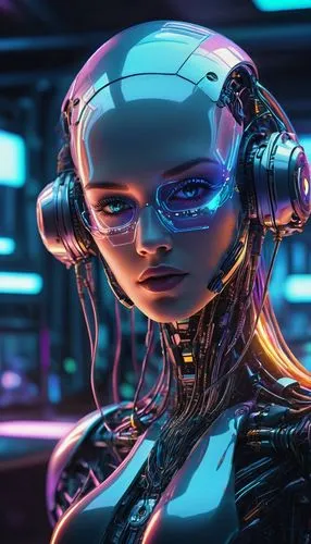 Futuristic laboratory, futuristic equipment, sleek metal tables, neon lights, holographic screens, robotic arms, wires, circuits, microchips, AI-generated human portraits, realistic skin texture, deta