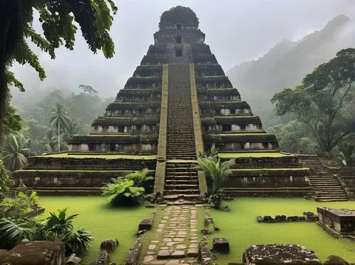 Mayan architecture, ancient temple, intricate stone carvings, ornate doorways, stepped pyramids, lush jungle surroundings, vines crawling up walls, misty atmosphere, warm golden lighting, atmospheric 