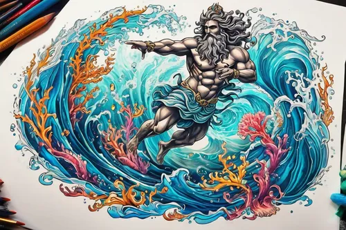 Create a powerful Poseidon tattoo design with a mysterious underwater setting.,poseidon,aquaman,god of the sea,sea god,merman,sea man,neptune,merfolk,poseidon god face,the man in the water,water creat