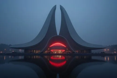 Haunted house, Scary building, Scary-Looking Structures, red lignts, Envision structures that evoke an atmosphere of dread and mystery, buildings, dark, dangerous,,a very modern building on the edge o