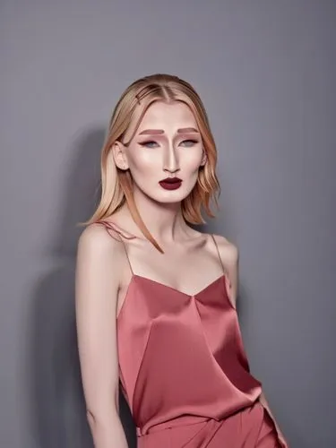 Shyanne with her characteristic long nose bridge at the model shoot,an attractive blonde woman in a pink dress,colorizing,portrait background,digital painting,maroon,pink background,colorization,pale,