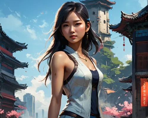 jovem estudante feminina asiática indo para a escola,chinese background,hong,mulan,game illustration,asian woman,asian vision,world digital painting,chinese art,xing yi quan,oriental girl,asia,shangha