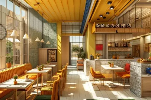 restaurant, warm bright colors, plates on the walls of different diameters, bright mosaics on the walls, parquet floors, American style, marble bar counter, sun outside the window, plants, warm light,