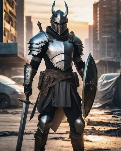 A young-looking RPG superhero wearing simple armor and holding a sword stands guard. He holds a metal sword and a large, delicate shield, and wears a white mask with small horns. The scene is set in a