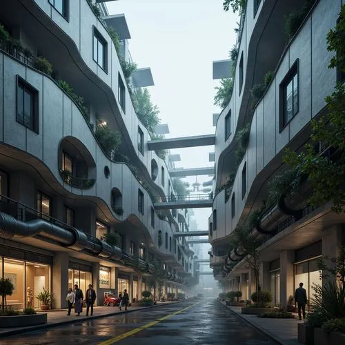 Curved factory buildings, irregular organic shapes, metallic silver exteriors, neon-lit windows, industrial pipes, exposed ductwork, concrete floors, futuristic machinery, robotic arms, steel beams, c
