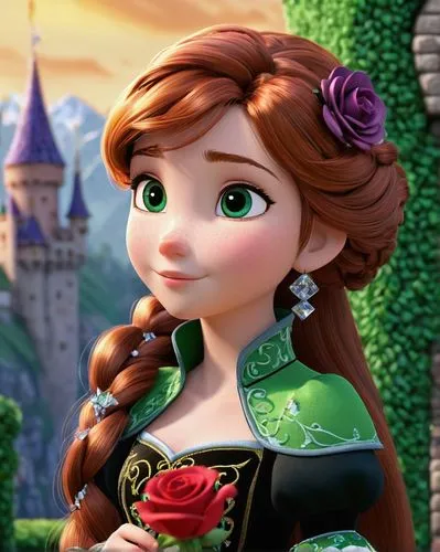 DISNEY PRINCESS ANNA. Light green dark green and black puff diamond sleeves, embroidered skillfully with diamonds and gemstones, Princess Anna of Arendele, open reddish-brown hair cascading over shoul