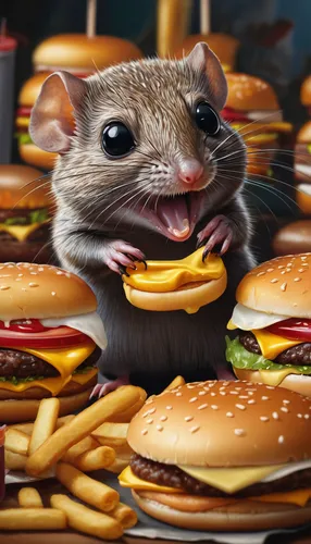 surrealism painting, 16k, extreme detail, fine textures, deep shadows, dark, sharp lines, ((cute big-eyed shrew is fat eating too many fastfood hambugers)). strong contrast.  cute cartoon characters.,