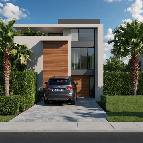 a grey car in front of a modern home,modern house,driveways,render,residential house,landscaped,carports,luxury home,driveway,smart house,exterior decoration,luxury property,golf lawn,renders,private 