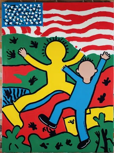 painting of a flag with a man falling off of it, keith harring, by Keith Haring, inspired by Keith Haring, keith haring style, inspired by Howard Arkley, 90's modern art, stars and stripes, political 