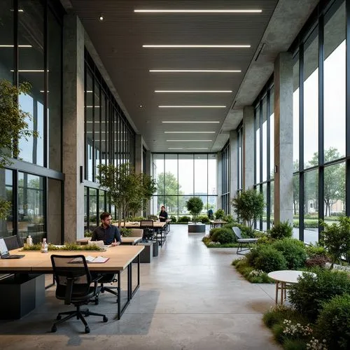 Modern office building, sleek glass facade, minimalist interior design, ergonomic workstations, collaborative open spaces, acoustic ceilings, modular furniture systems, green walls, natural ventilatio