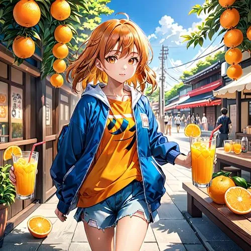 japanese style, manga, realistic,colors.summer,orange juice,a girl walking down a street past oranges,citrus,oranges,fresh orange juice,tangerines,vitamin c,orange juice,Anime,Anime,General
