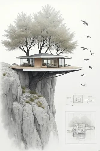 realistic An architectural design board presentation with the text "News Parco Collective", text and a photo of the project, "Triumph" treehouse in the Swiss Alps, highly detailed, an architectural dr
