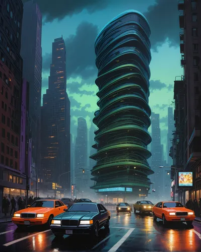 The image depicts a futuristic urban scene featuring a strikingly modern building. The architectural design is innovative, characterized by large, sweeping forms in vibrant colors—specifically purple 