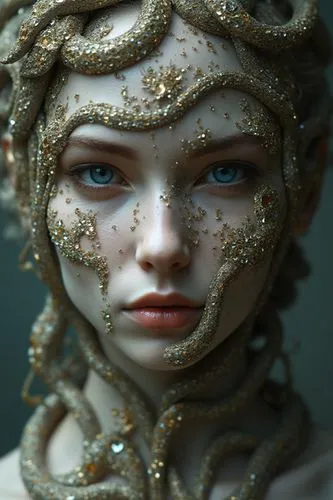 Fashion magazine cover, artistic photograph capturing a woman's face adorned with a snake. The intricate design of the snake's body wrapped around the woman's face in a symmetrical pattern creates a m