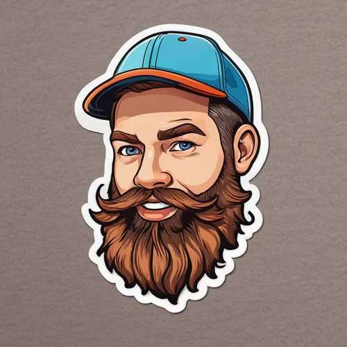 a  detailed sticker, white guy with brown beard, very short haircut, wearing a technicolor baseball hat, Light Pure background,flat blogger icon,beard,bearded,vector illustration,lumberjack,dribbble i