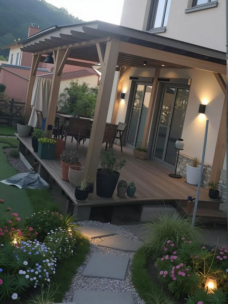 a patio with flowers and potted plants, along with a patio lights