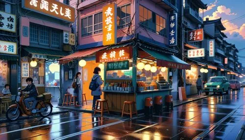 台灣80年代深夜街頭小吃攤,畫面:日本動畫電影新海誠風格,the scene depicts an asian street where a woman is waiting for her bus,izakaya,watercolor tea shop,world digital painting,japanese umbrellas,japanese restaurant,shimbashi,