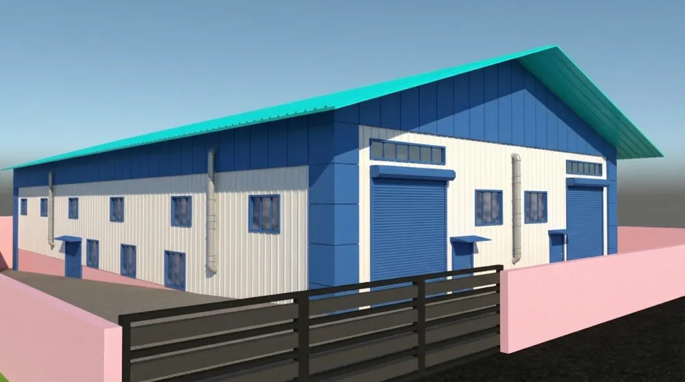 the side of the building has some doors on the second story and two story windows on one level