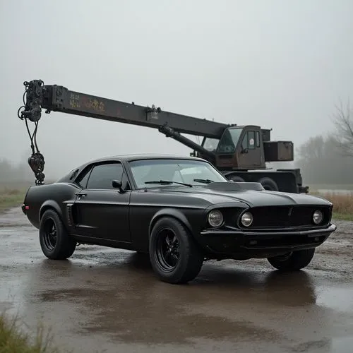 muscle car with canon, black matt,a car on a flatbed in the rain, being pulled with a crane,ford mustang,muscle car,mustang,muscle icon,mustang gt,scimitars,mustangs,muscle,thunderstruck,hardtop,mad m