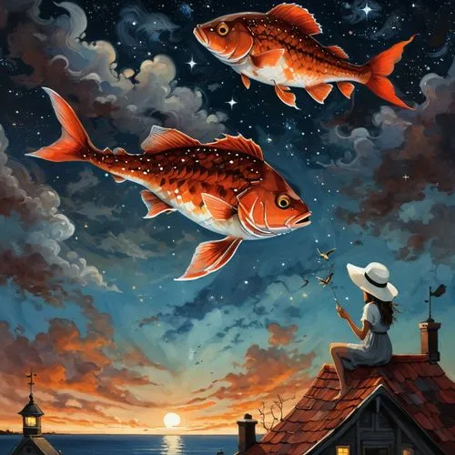 A detailed digital illustration of a great red fish in the night sky. The focal point is the large brown scales of the fish, with the human hand on the roof and the woman who wears a white hat sitting