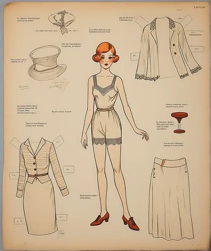 Vintage Paper dolls 1920s women in  shirt,  lace  french knickers with  shoe standing with a set of elegant 1920s dress full color colorful 1920s fashion 1920s clothing,vintage paper doll,retro paper 