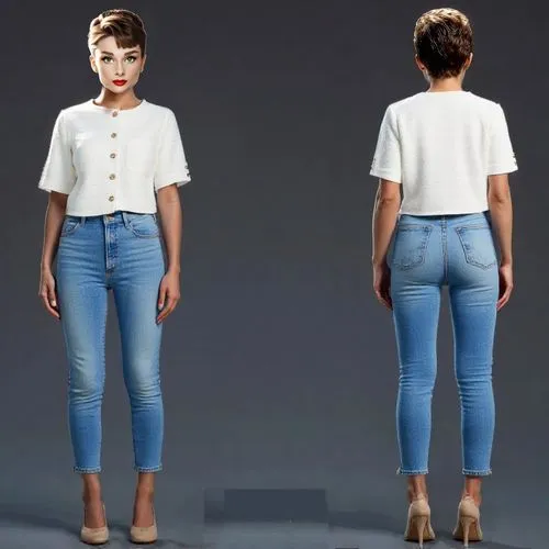 INSERT THE NICE GREEN FEMALE SOCIAL SHIRT, A NICE TIGHT JEANS AND A NICE TIGHT SOCIAL PANT. DO IT IN FRONT AND BACK VIEW.,a girl with her back turned toward the camera wearing high heels and white top