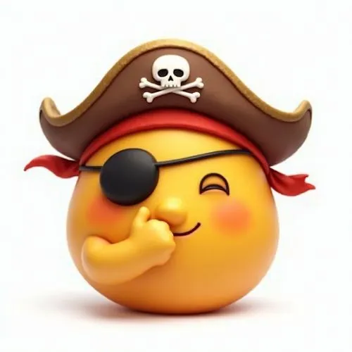 A digital illustration on a white background depicts a circular, yellow emoji character designed to resemble a pirate. The emoji sports a brown, wide-brimmed pirate hat adorned with a white skull and 