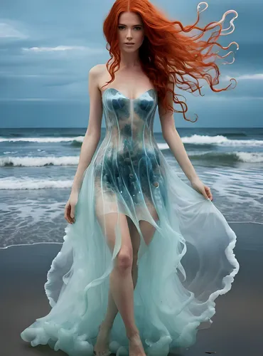 walking on the beach , seductively , the jellyfish like dress material flows organically ,fathom,naiad,the wind from the sea,mermaid background,mermaid,fantasy art,siren,fantasy picture,naiads,believe