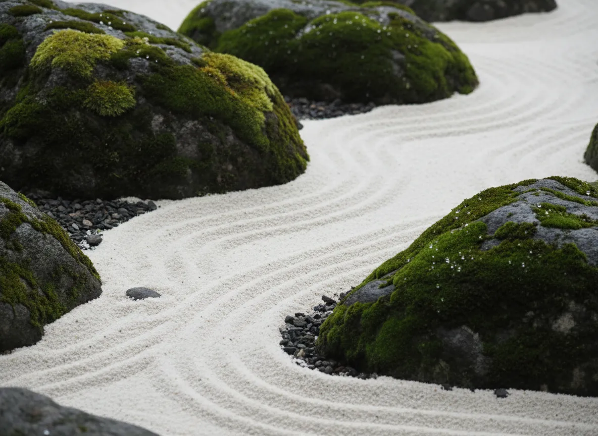 एक क्लोज़-अप AI छवि जो एक ज़ेन गार्डन में रेक की गई सफेद रेत और काई से ढके पत्थरों की विस्तृत बनावट पर केंद्रित है।