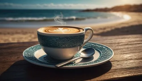 a cup of coffee on a table at the beach, close to the ocean ,a cup with some liquid sitting on a saucer,coffee background,coffee bay,cappucino,cappuccinos,a cup of coffee,cappuccino,spaziano,café au l