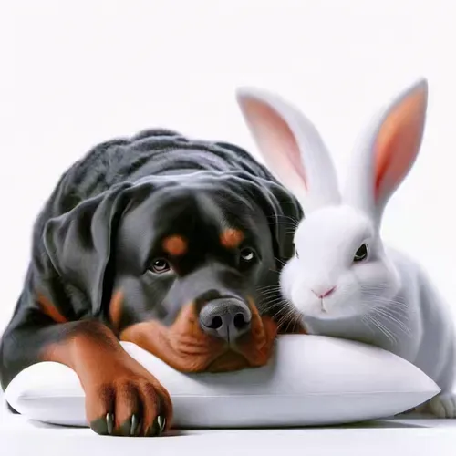 Captivating 3D rendering of a heartwarming moment between a Rottweiler and a white rabbit. The Rottweiler, with its distinctive coat, lies comfortably on a white and soft surface, perhaps a bed or a p