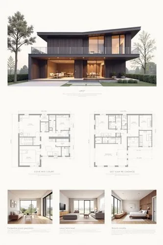 A professional architectural presentation board with a Pure background and a clean, minimalist design layout. The board includes:

Top Section: On the top left, a photorealistic render of a contempora